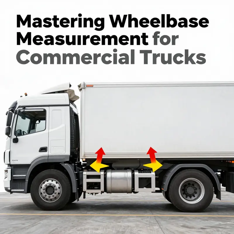 A guide illustrating the precise method for measuring the wheelbase on a commercial truck.