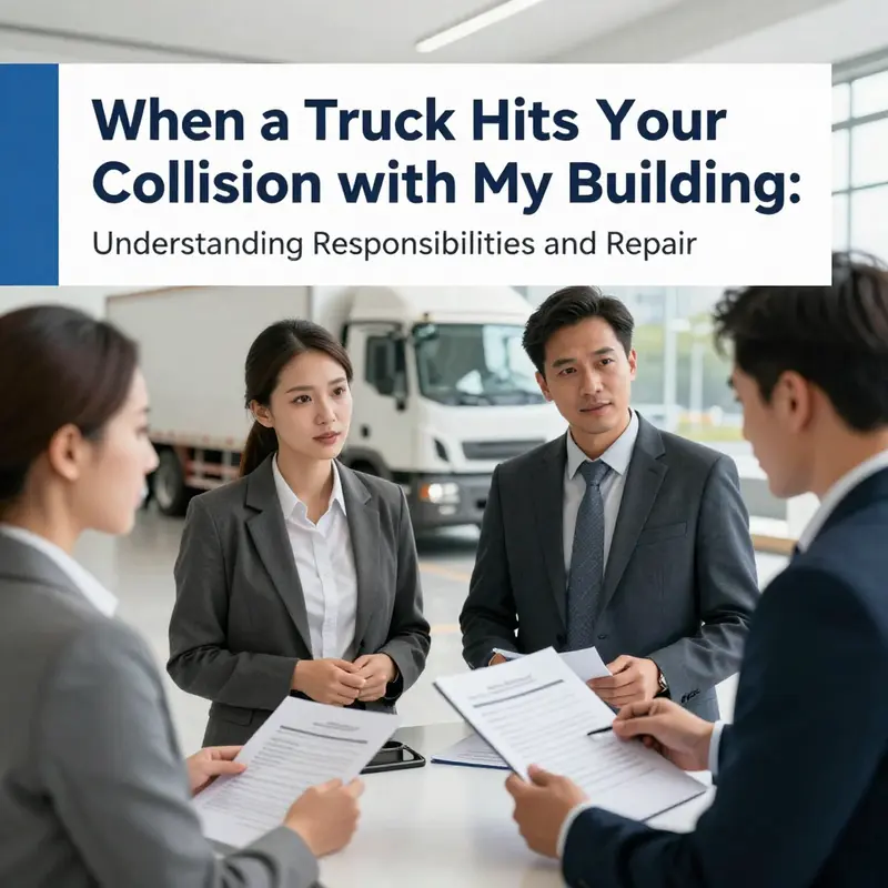 The aftermath of a truck collision with the commercial building, highlighting the importance of understanding liability.
