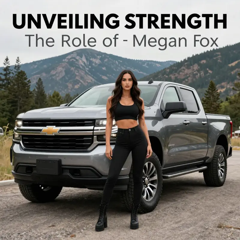 Megan Fox showcasing the 2024 Chevrolet Silverado, emphasizing strength and rugged design.