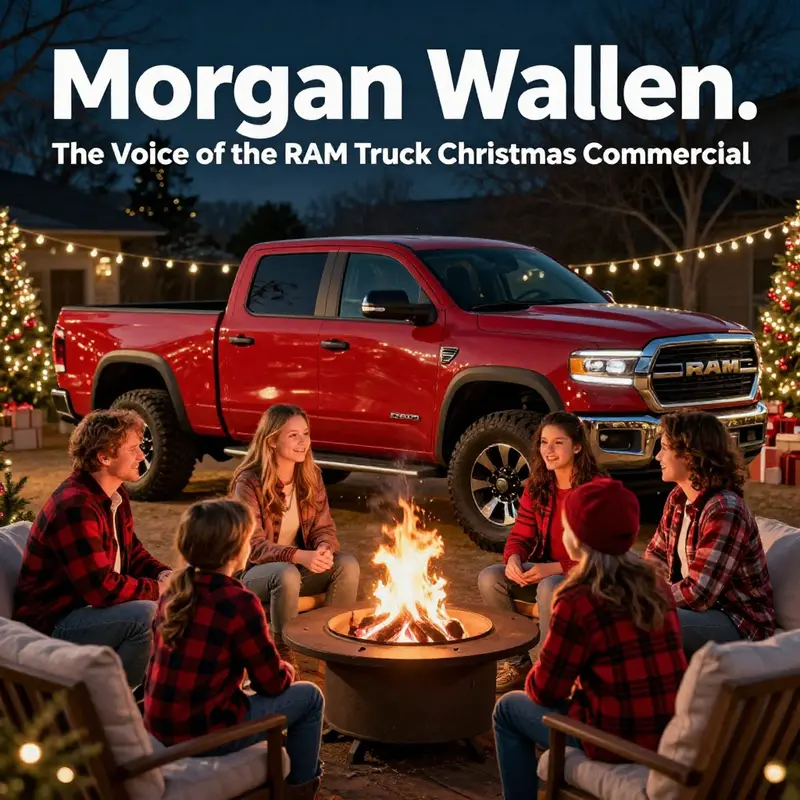 A family enjoying a festive gathering around a fire pit, with a RAM truck featured prominently in a beautifully decorated outdoor setting.