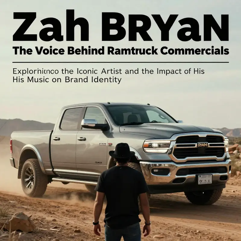 A Ram truck in rugged terrain with a silhouette of Zach Bryan performing.