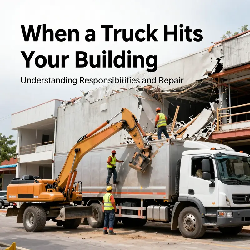 The aftermath of a truck collision with the commercial building, highlighting the importance of understanding liability.