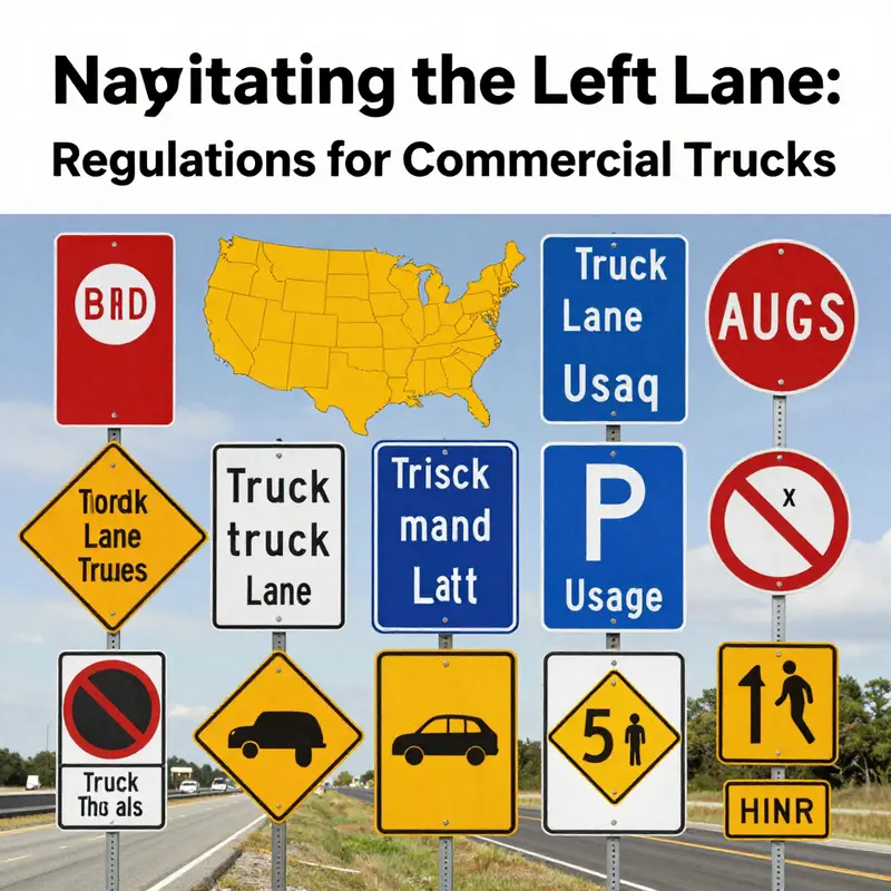 A commercial truck navigating the left lane on a California highway, highlighting state-specific regulations.