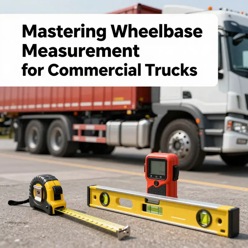 A guide illustrating the precise method for measuring the wheelbase on a commercial truck.