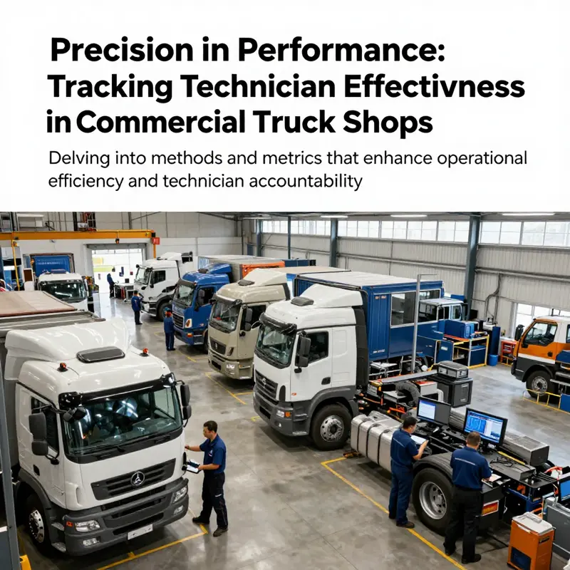 A busy truck maintenance shop with technicians engaged in different repair tasks, reflecting optimal performance tracking.