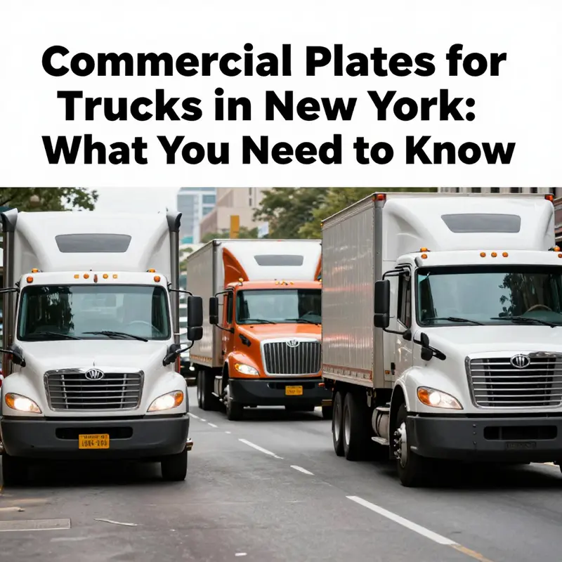 Various trucks with commercial plates on a busy street in New York, emphasizing the need for regulation awareness.