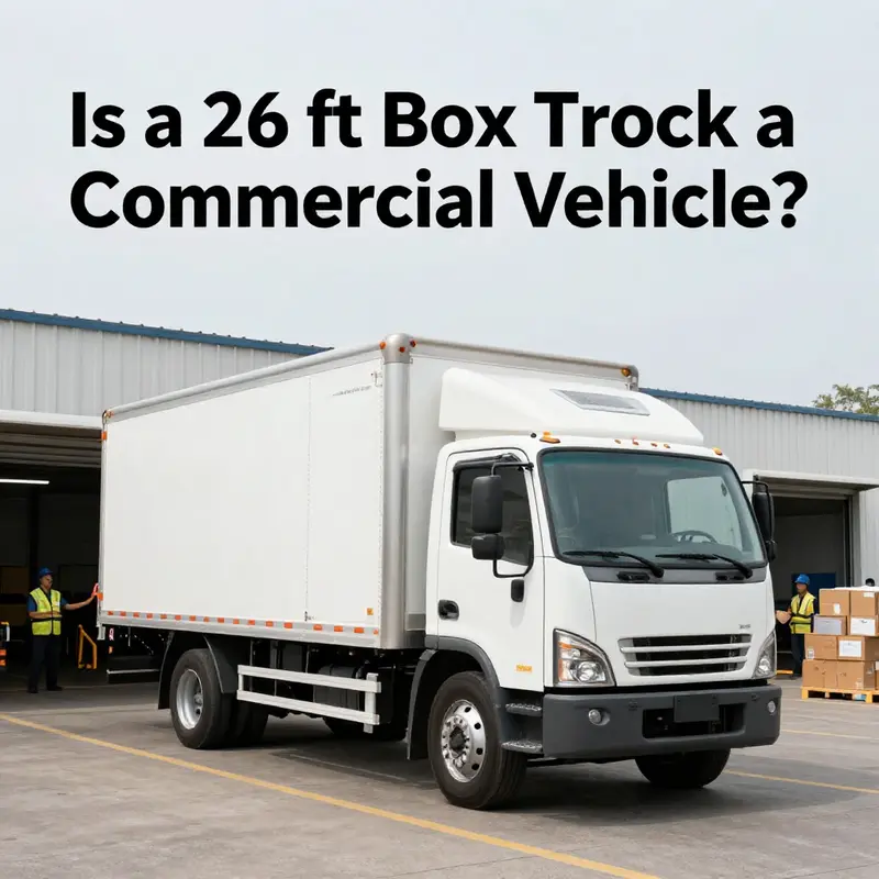 A 26 ft box truck at a loading dock, exemplifying its classification as a commercial vehicle.