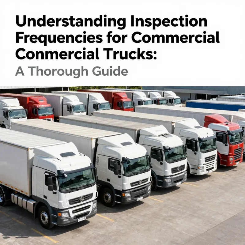 A line of commercial trucks in a maintenance facility, underscoring the focus on safety and compliance inspections.