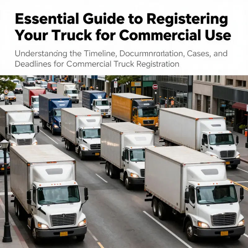 Diverse commercial trucks in a busy city scene, reflecting the importance of registration for operational compliance.