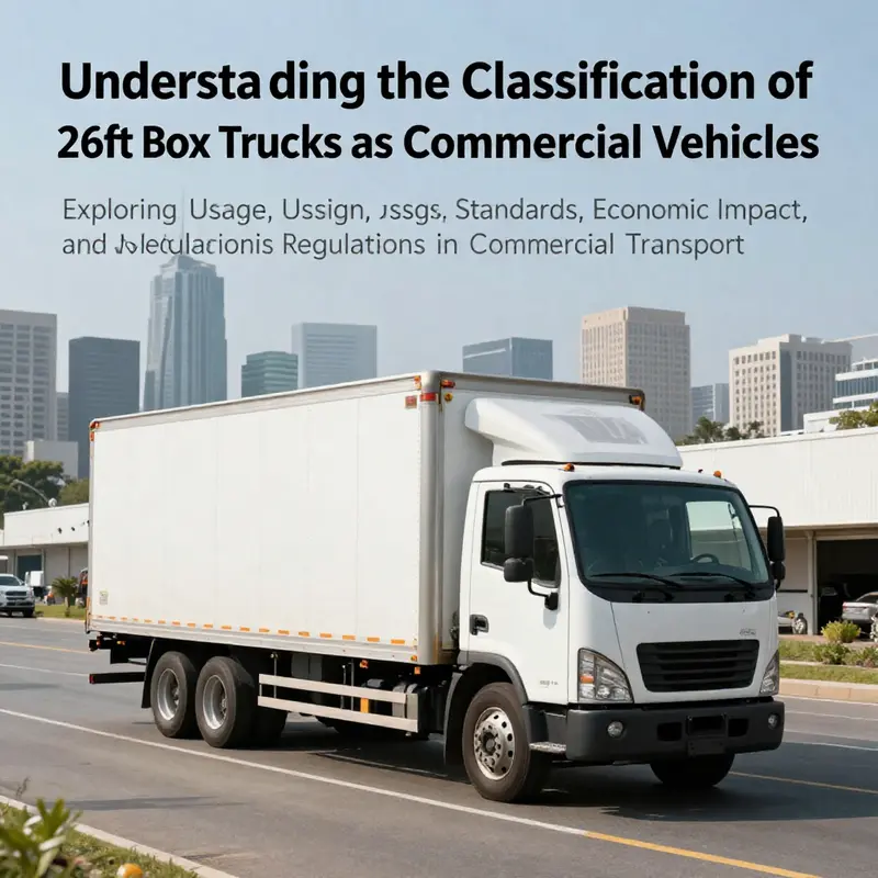 A 26ft box truck driving on a city street, reflecting its crucial role in commercial transportation.