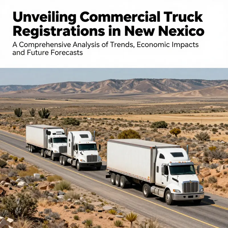 A panoramic image of commercial trucks driving through various terrains in New Mexico, showcasing the state's logistics significance.