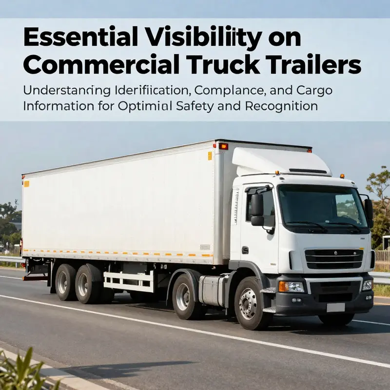 A commercial truck trailer on the highway, displaying identification and reflective markings vital for visibility and compliance.
