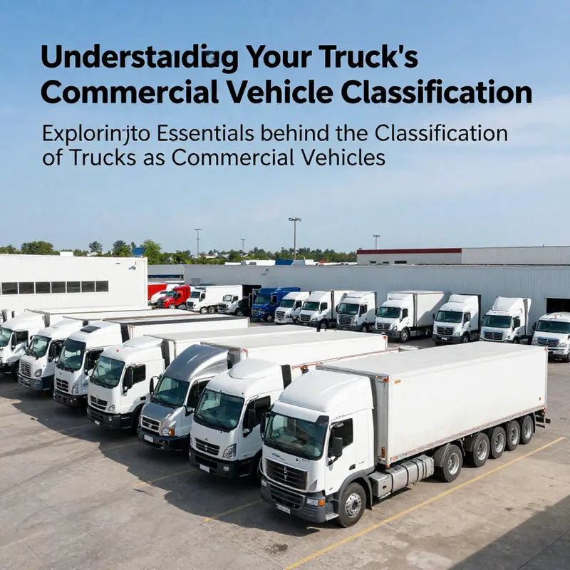 A diverse fleet of trucks parked in a commercial setting, illustrating different classifications of commercial vehicles.