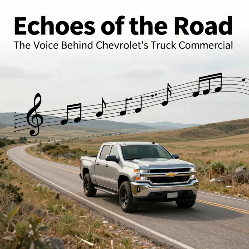 A Chevrolet truck navigating through a beautiful landscape, signifying freedom and adventure, integrated with musical notes.