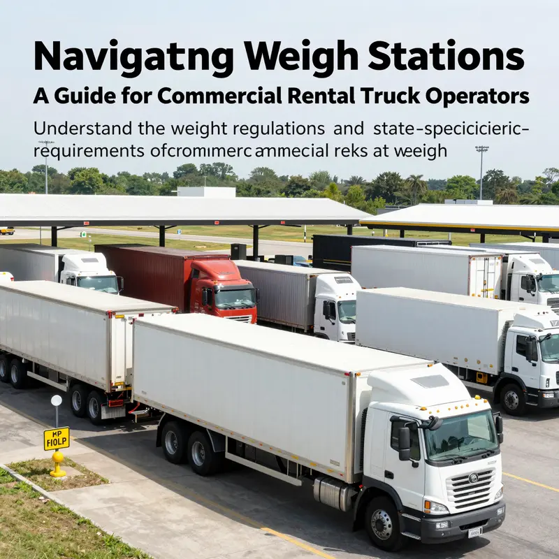 Multiple commercial rental trucks waiting at a weigh station, illustrating the necessity of weigh station stops.