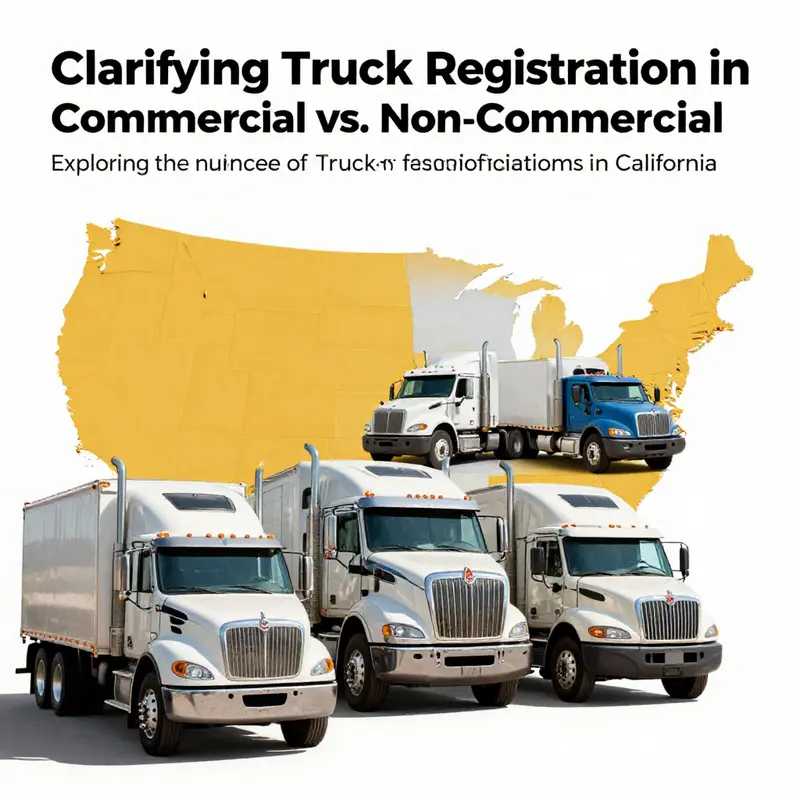 Various trucks representing the commercial and non-commercial registration scenarios across California.