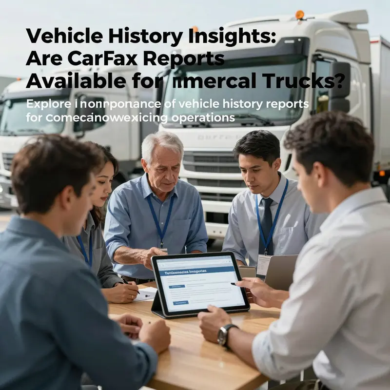 A diverse group of fleet managers engaged in a discussion about vehicle history reporting for commercial trucks in an office setting.