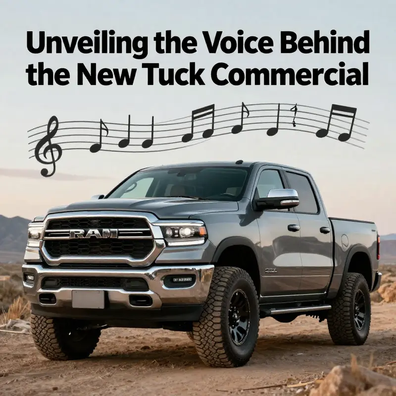 A Ram truck in an outdoor setting with musical notes, representing the commercial's focus on the intersection of music and brand strength.