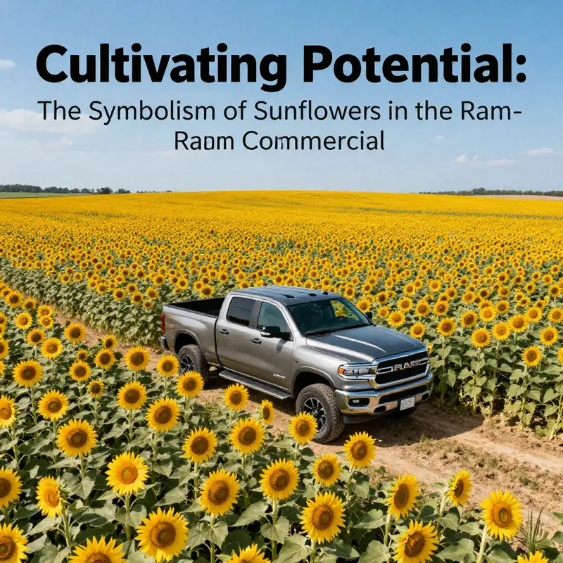 Aerial view of a lush sunflower field with a Ram truck, representing strength and the beauty of transformation.