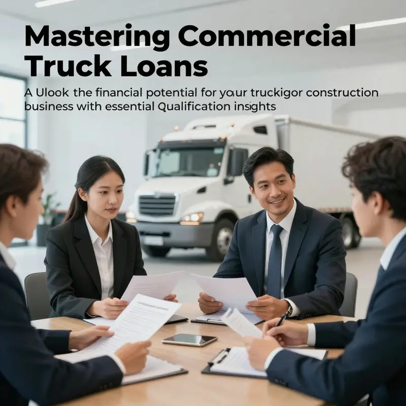 A group of confident business professionals in a corporate environment discussing commercial truck financing with documents and a laptop.