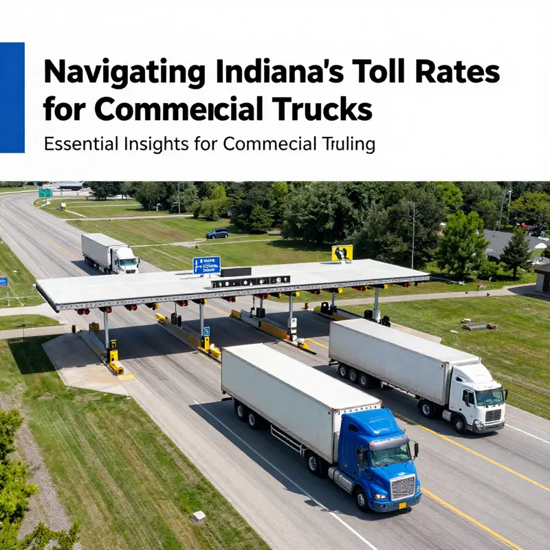 Aerial view of trucks on Indiana Toll Road, illustrating current toll rates and booths.