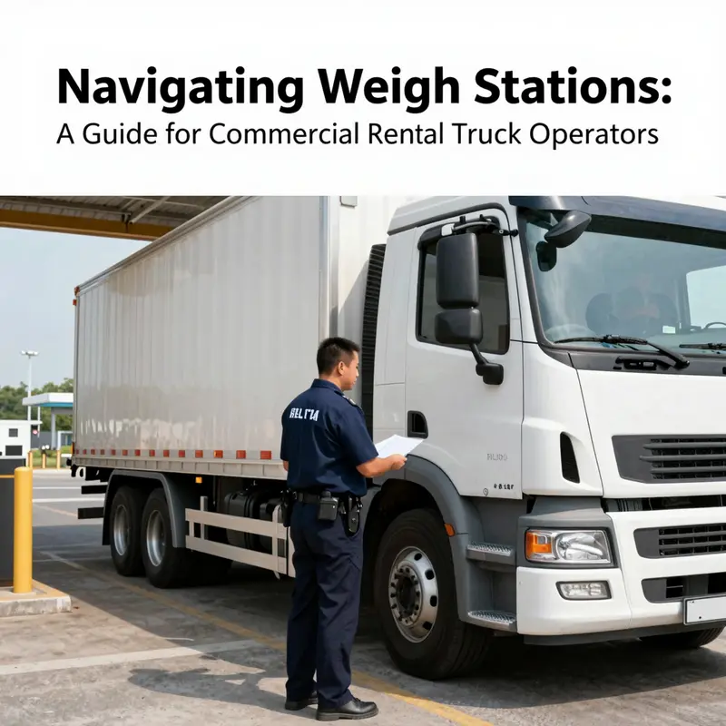 A commercial rental truck at a weigh station, highlighting legal compliance checks.