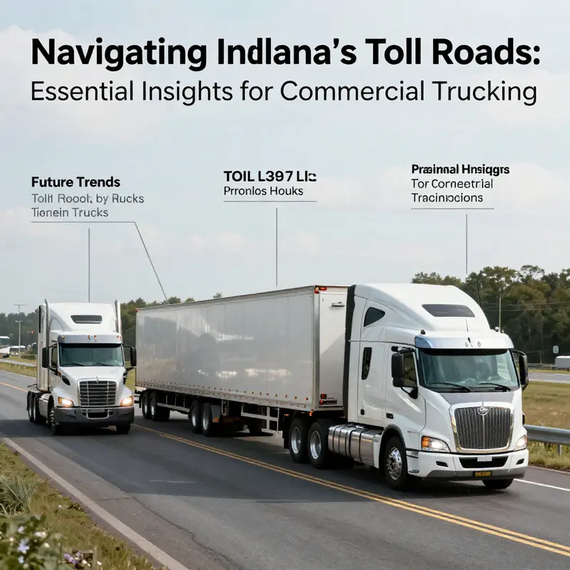 Aerial view of trucks on Indiana Toll Road, illustrating current toll rates and booths.