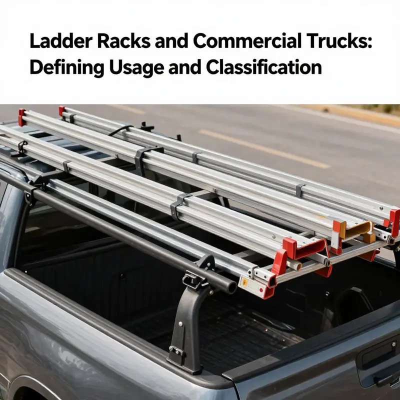 A truck equipped with a ladder rack at a construction site, exemplifying its use in a commercial capacity.