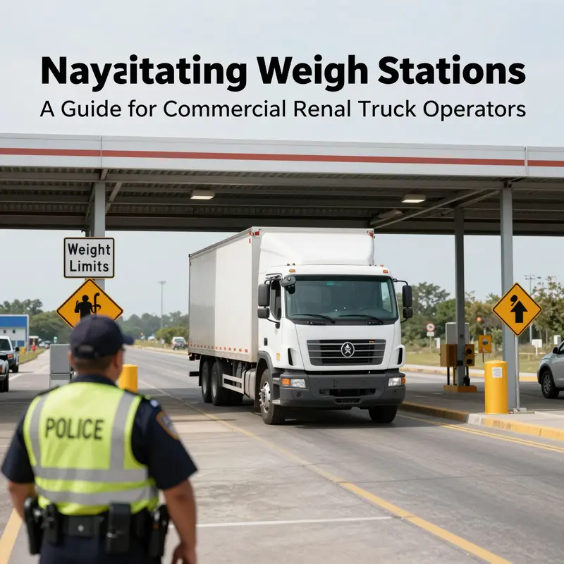 A commercial rental truck at a weigh station, highlighting legal compliance checks.