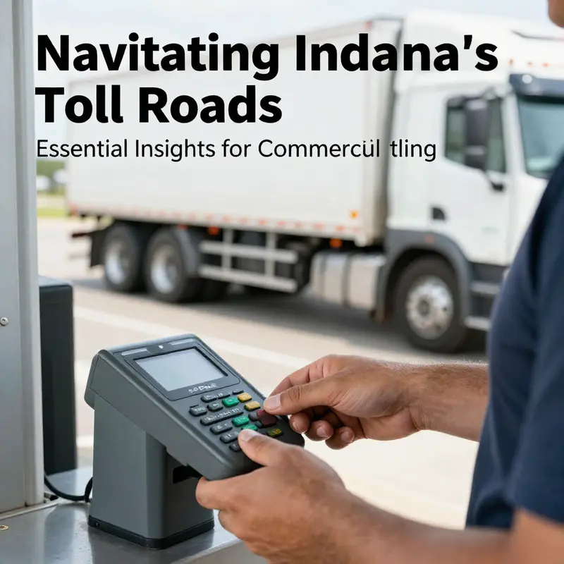 Aerial view of trucks on Indiana Toll Road, illustrating current toll rates and booths.