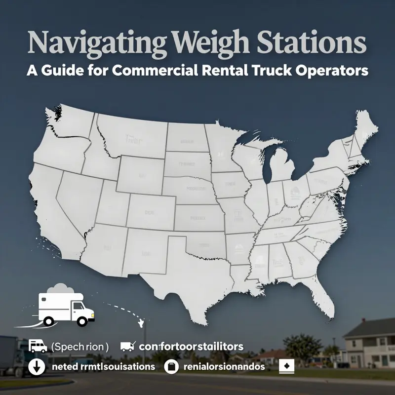 A commercial rental truck at a weigh station, highlighting legal compliance checks.