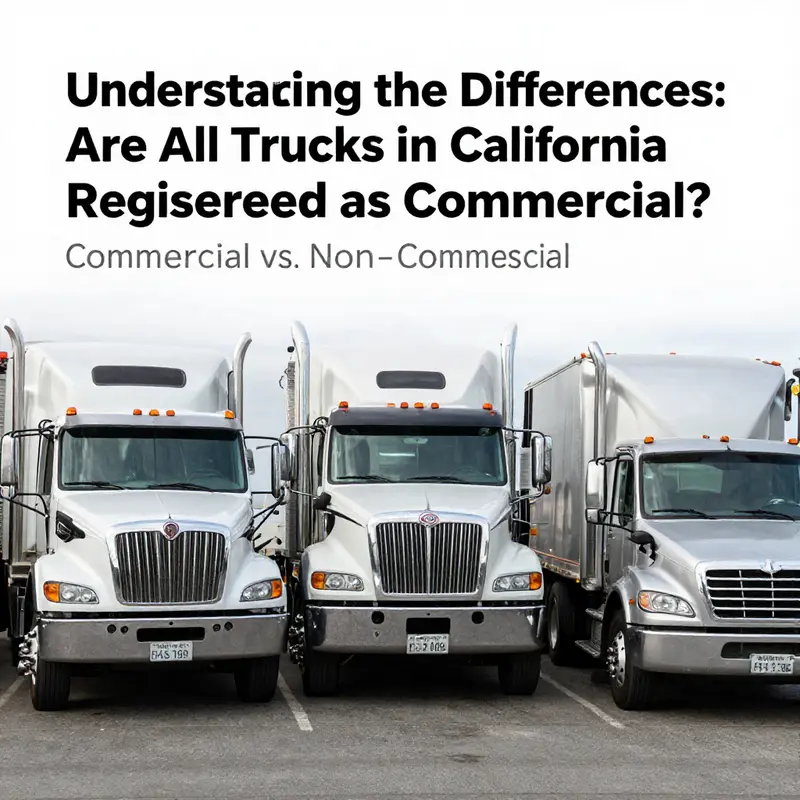 A variety of trucks illustrating the distinction between commercial and non-commercial vehicles in California.