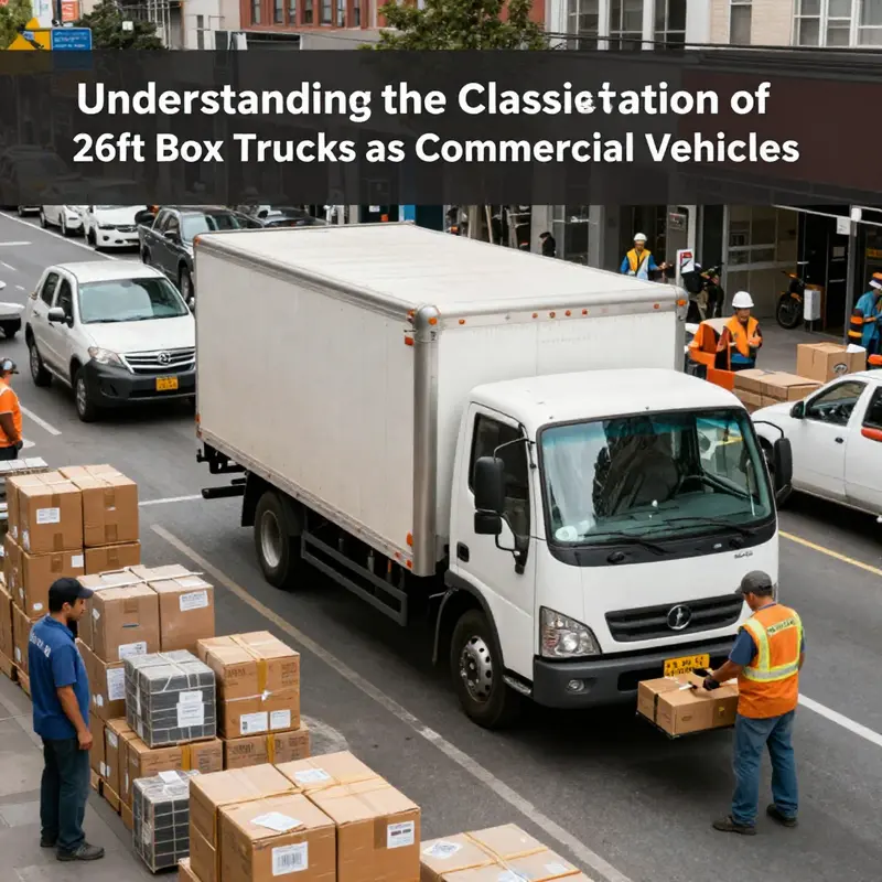 A 26ft box truck engaged in commercial delivery, emphasizing its significance in urban logistics.