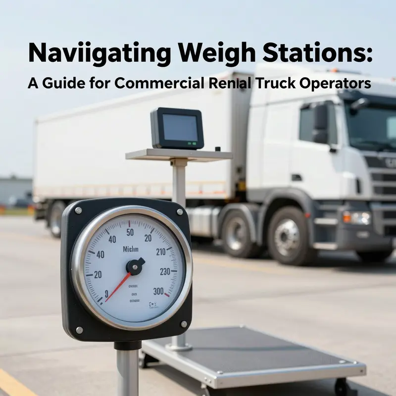 A commercial rental truck at a weigh station, highlighting legal compliance checks.