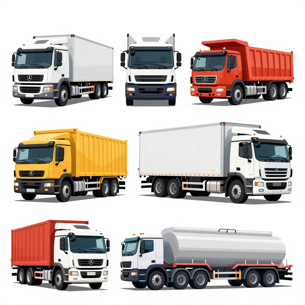 Types of commercial trucks illustrated including long-haul, dump, refrigerated, flatbed, and tanker trucks.