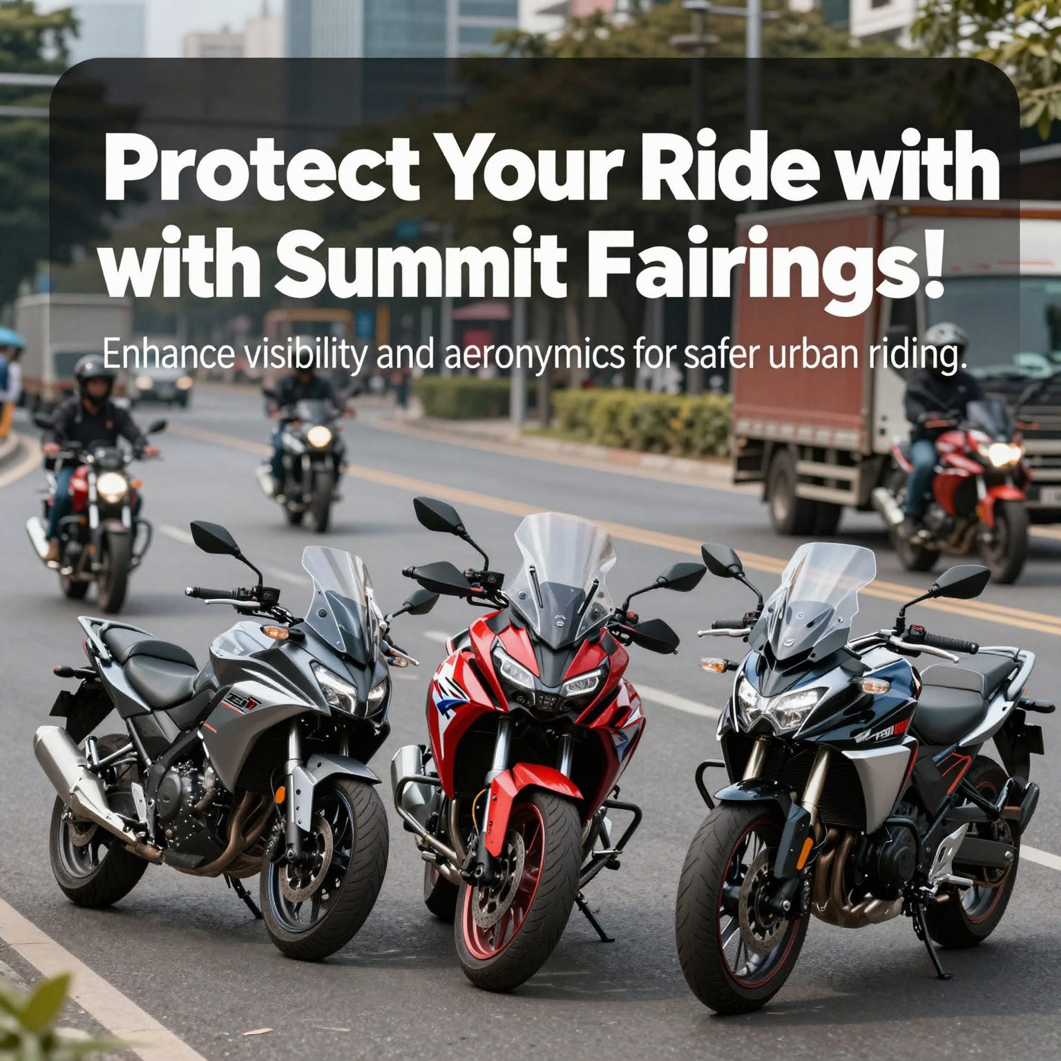 Summit Fairings promotional banner featuring motorcycle fairings for safety and performance.