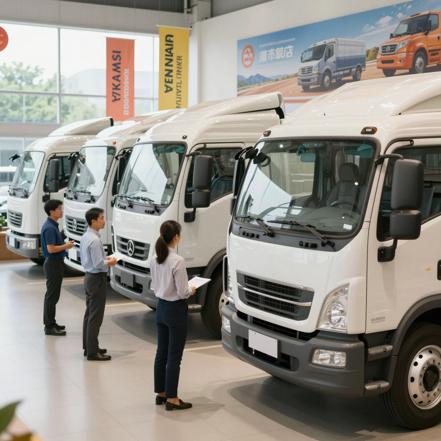 Commercial truck sales environment with trucks on display and sales representatives engaging with buyers.