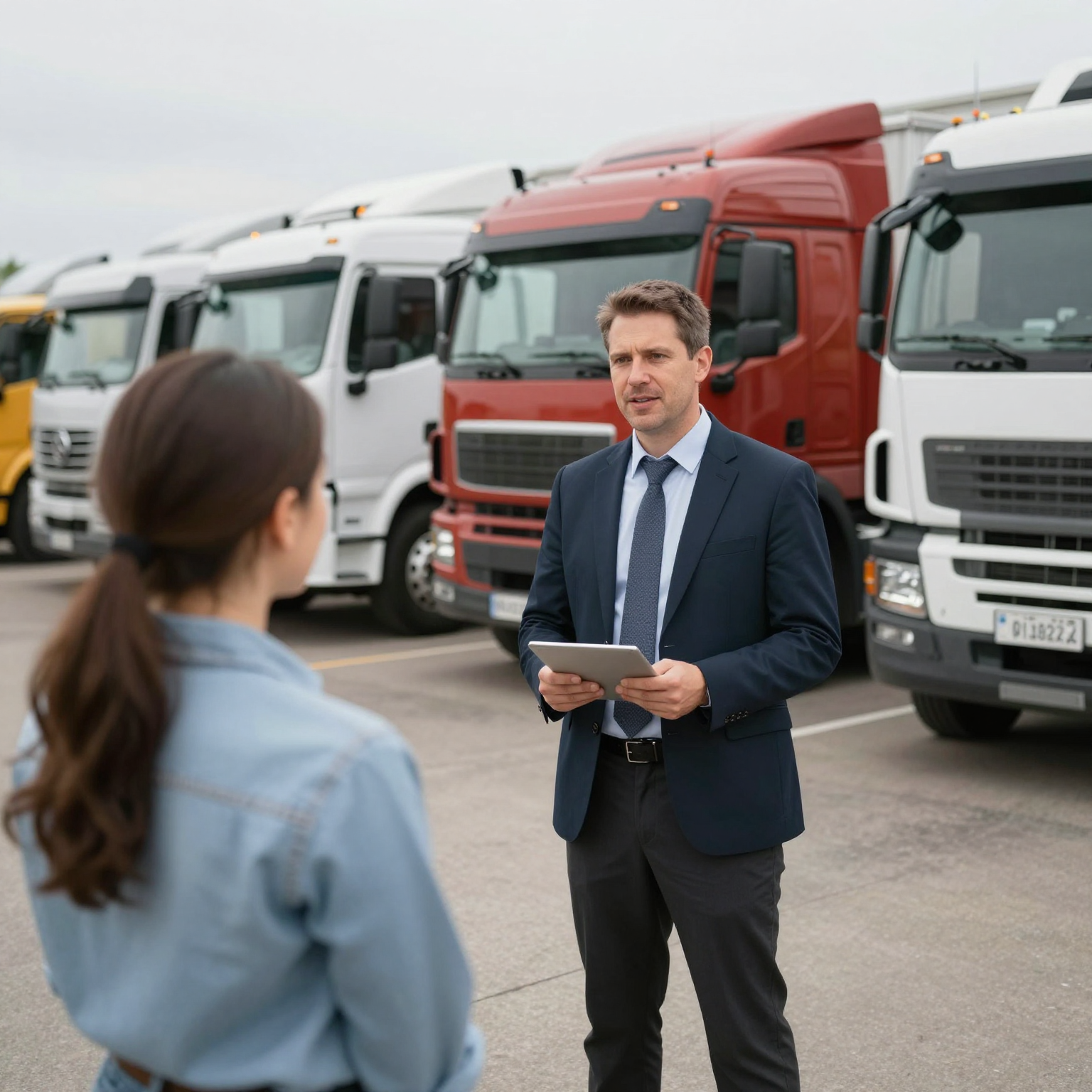 A professional truck salesman engaging with a customer at a dealership