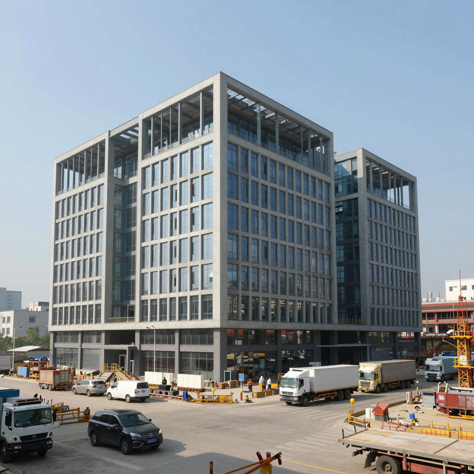 Symbolic modern building representing strength and resilience with construction elements.