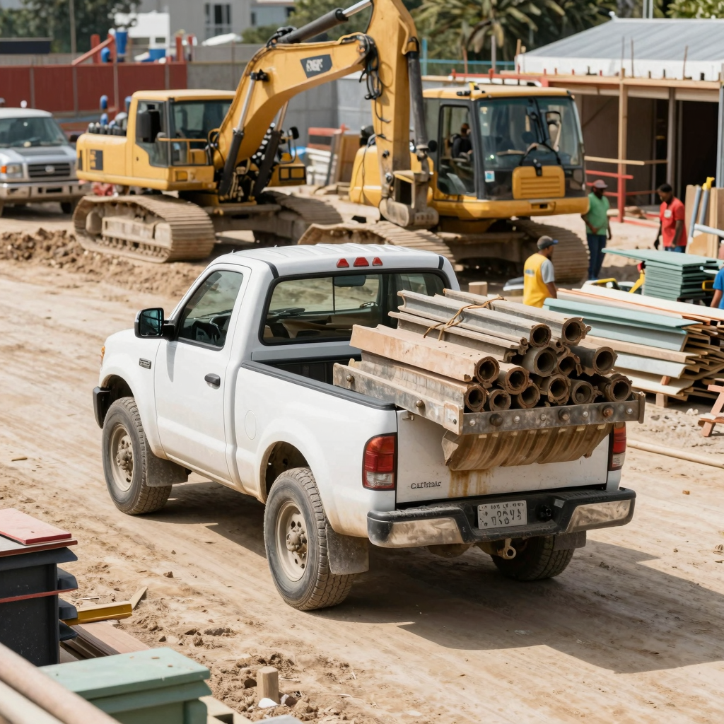 Pickup truck in a construction setting