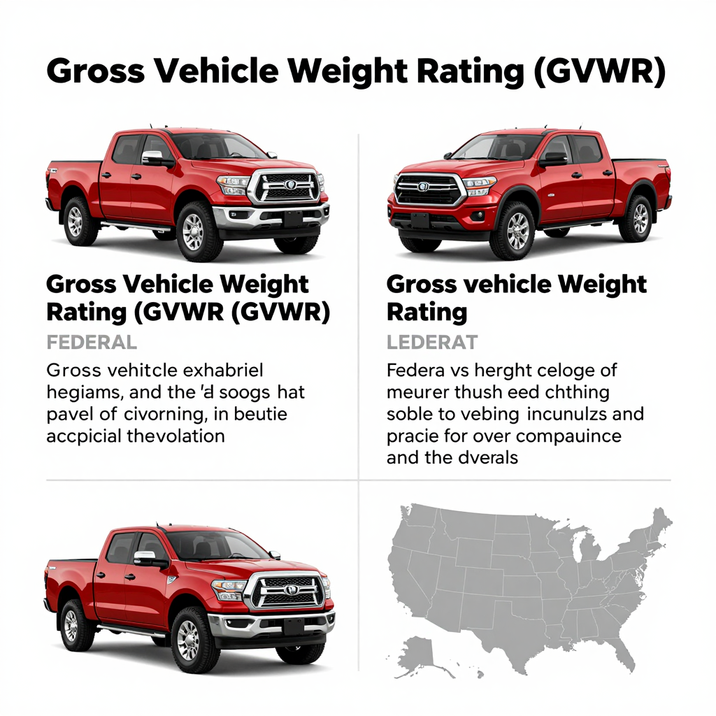 An infographic illustrating the classification of pickup trucks as commercial vehicles with focus on legal and regulatory implications, showing Gross Vehicle Weight Rating (GVWR) thresholds and differences in federal vs state regulations.