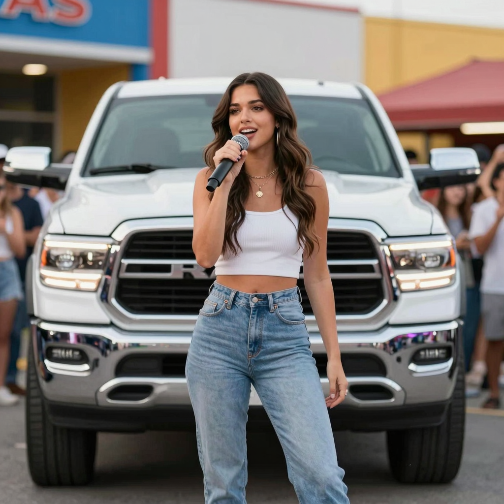 A female singer in a commercial setting, captivatingly performing with a Ram truck in the background. The singer is dressed stylishly, holding a microphone, and smiling while engaging the audience. The truck is prominently displayed, in a vibrant commercial environment.