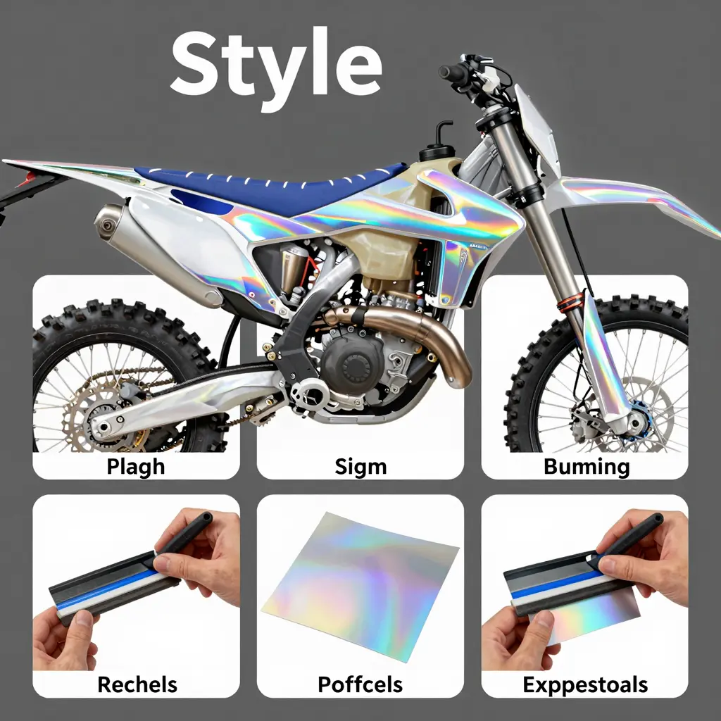 Step-by-step installation process of holographic chrome dirt bike graphics