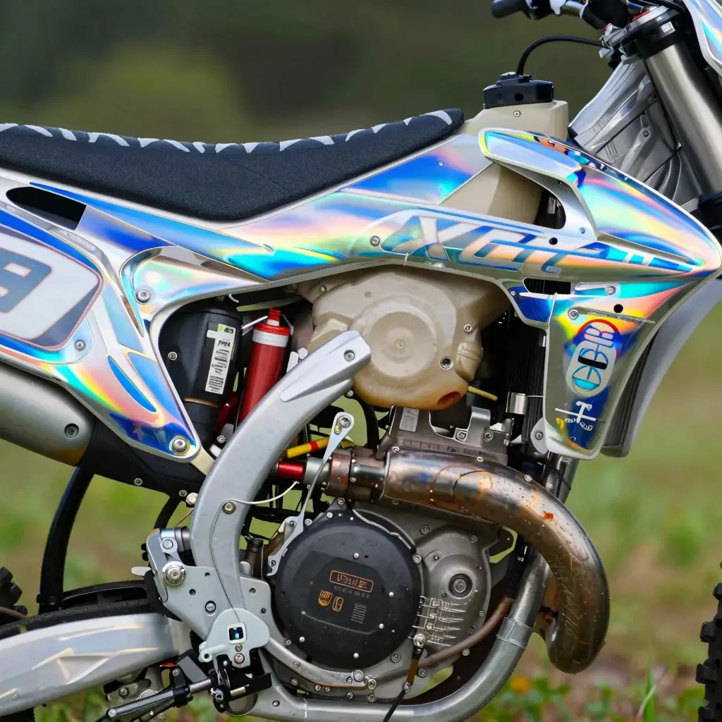 Close-up of installed holographic chrome dirt bike graphics