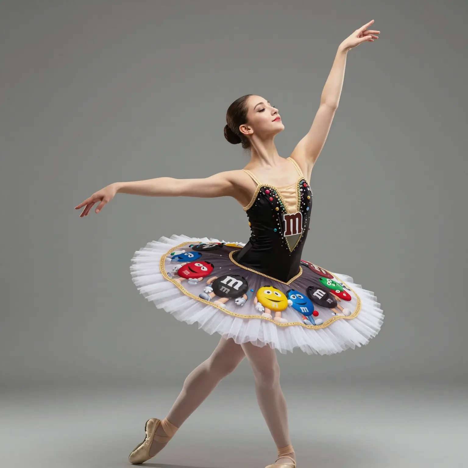 A dancer in a M&M costume tutu