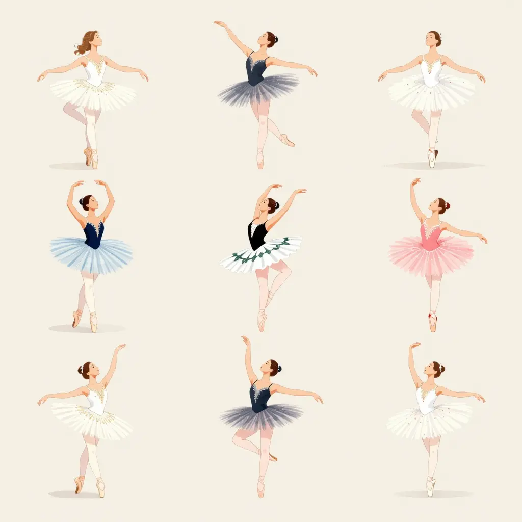 Illustration showing the evolution of ballet tutus, featuring styles from classical ballet to modern interpretations, including variations like M&M costume tutus.