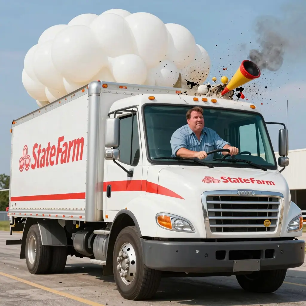 Humorous depiction of Mike from State Farm helium truck wreck commercial