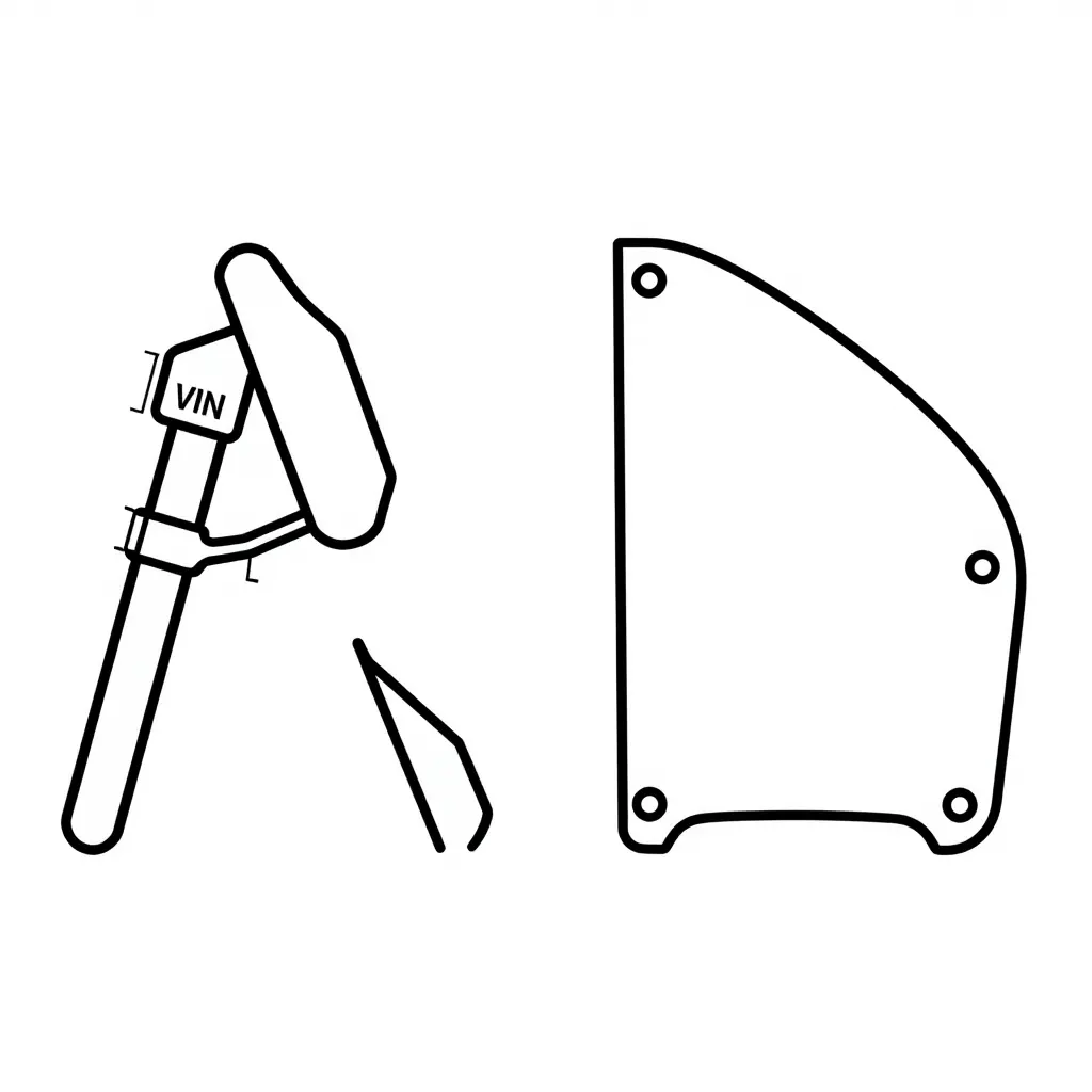 Minimal flat 2D line diagram showing a motorcycle steering head with a VIN plate location on the left and a body panel with bolt holes and mounting tabs on the right