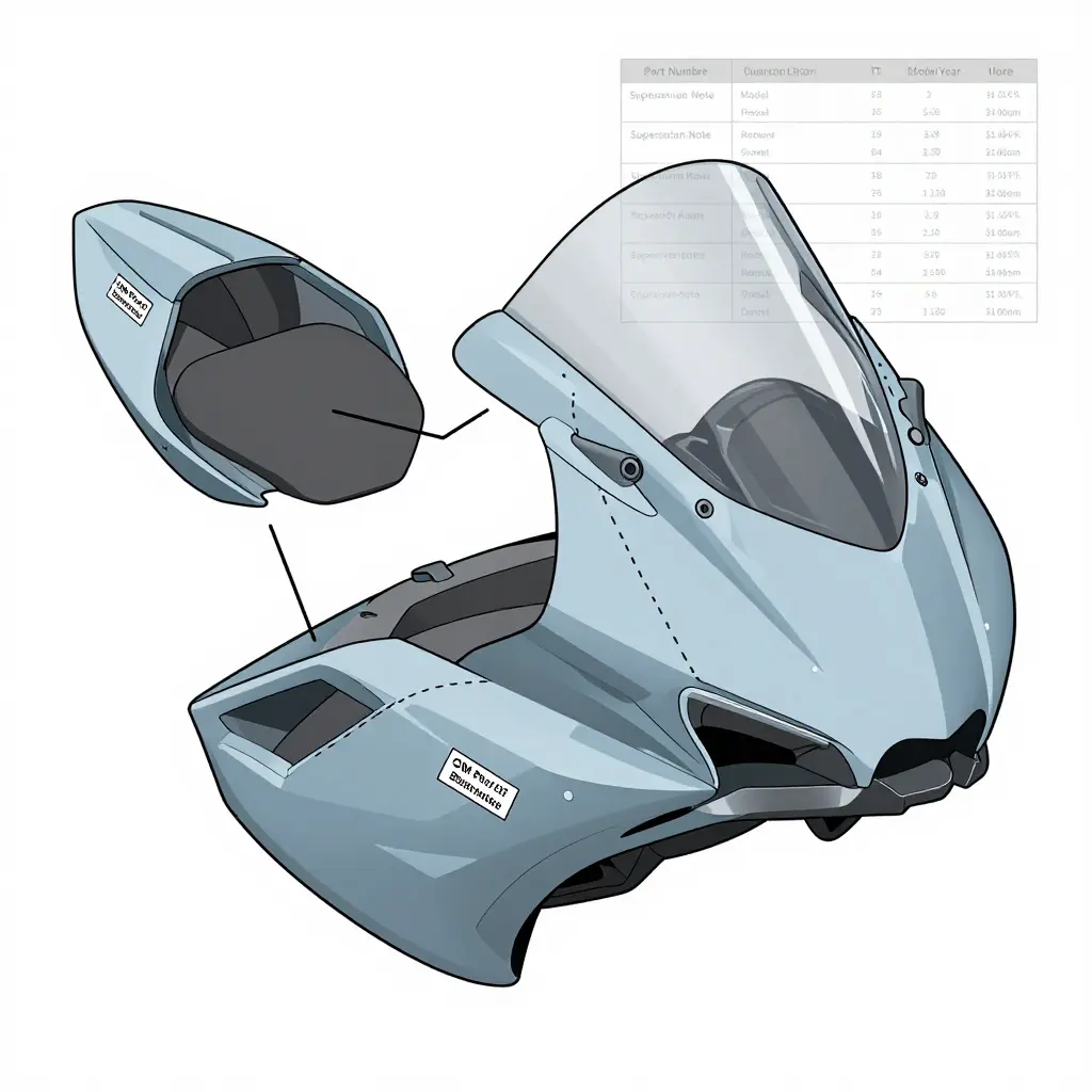 Exploded view of motorcycle fairing panels labeled with OEM part numbers and generation codes, showing bolt holes and mounting geometry