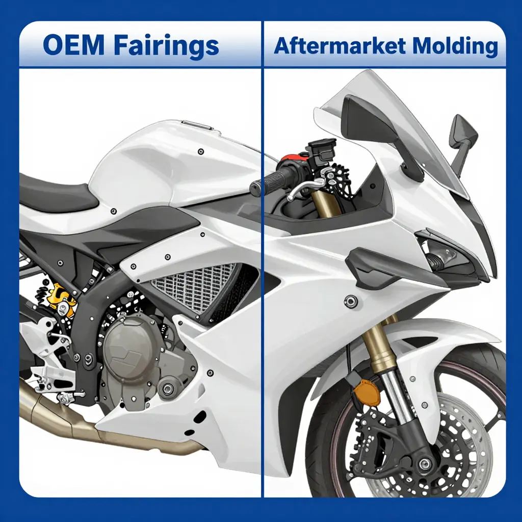 Diagram comparing OEM and aftermarket fairing tab alignment on a 600cc sportbike side panel